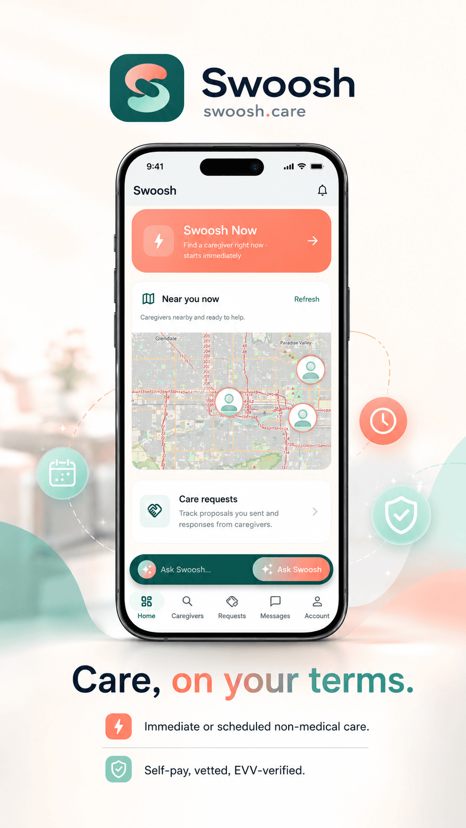 Swoosh app — Care, on your terms. Immediate or scheduled non-medical care. Self-pay, vetted, EVV-verified.