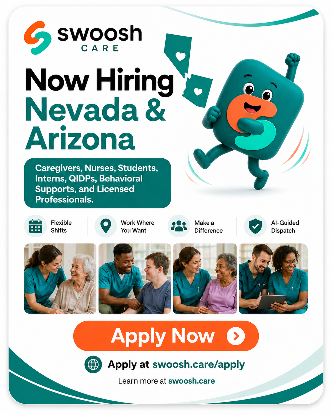 Swoosh Care now hiring caregivers, nurses, students, interns, QIDPs, behavioral supports, and licensed professionals in Nevada and Arizona